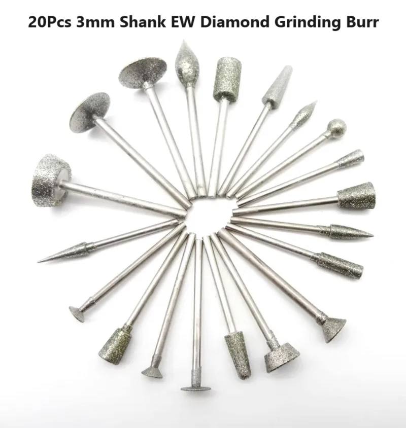 20 piece set Carving burrs Diamond Weld Grinding Various Head shapes and sizes all are 3mm Shanked fit Dremel & other Multitools with 3mm fittings