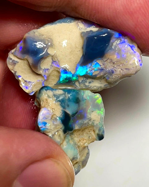 Lightning Ridge 28cts Nice pair of Dark base Crystal Opal formations rough to cut/carve Gorgeous Bright Multicolours 27x18x7 & 18x15x8mm WAE63
