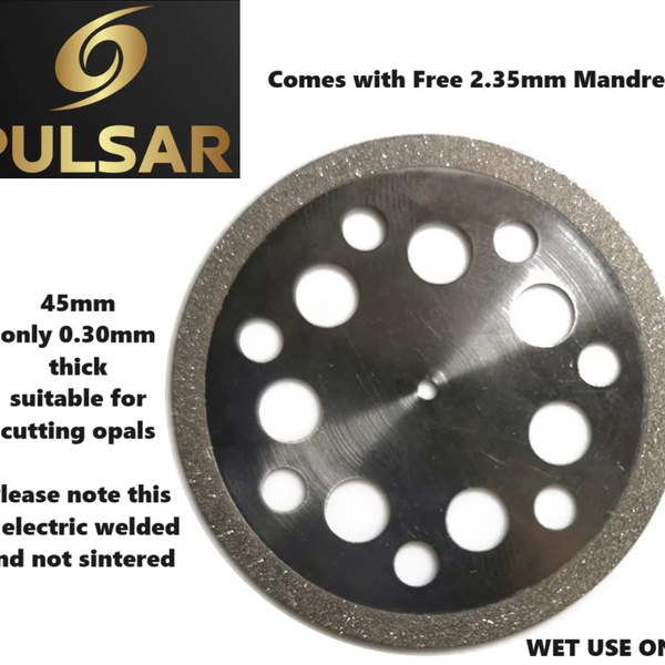 Diamond Opal Cutting wheel Slicer cutter 45mm Diameter & Only 0.3mm thick blade +FREE 2.35mm MANDREL fit dremel & other Multitools with 2.35mm fittings