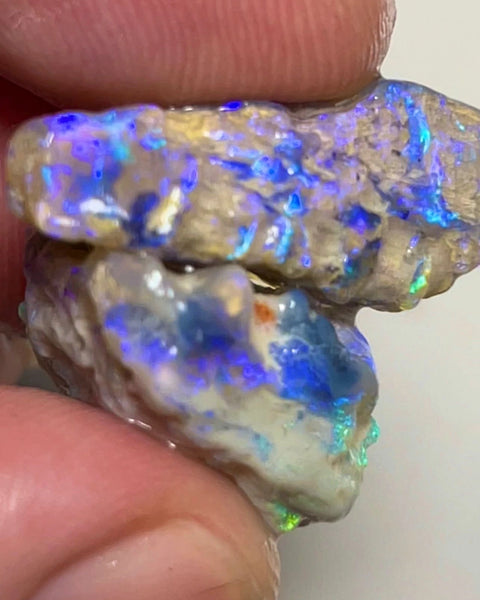 Lightning Ridge 25.75cts Rough Opal Crystal Knobby formations with Blue dominant Multi tones of fires 19x17x9 & 24x10x10mm NSW147