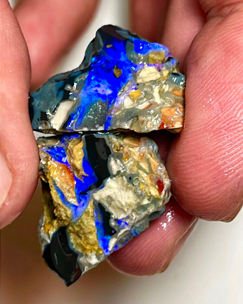 Lightning Ridge Rough Opal 43cts Big size Black Knobby Split showing bars with lots of blues 21x20x15 & 21x19x13 mm WAE41