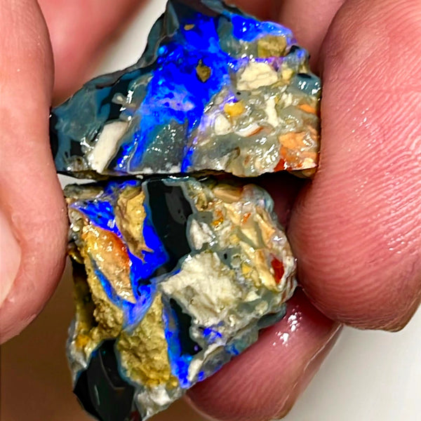 Lightning Ridge Rough Opal 43cts Big size Black Knobby Split showing bars with lots of blues 21x20x15 & 21x19x13 mm WAE41