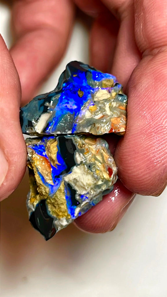 Lightning Ridge Rough Opal 43cts Big size Black Knobby Split showing bars with lots of blues 21x20x15 & 21x19x13 mm WAE41