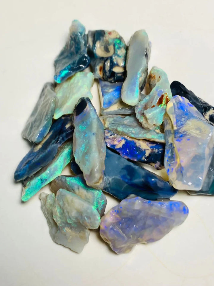 OPAL MONTH SPECIAL Lightning Ridge Rough Dark Seams Opal Parcel 80cts Lots of Potential & Cutters Lots Bright colours & bars 25x10x7mm to 13x8x4mm WSY89