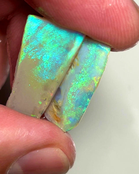 Lightning Ridge Dark Crystal Opal Big Pair of Rough Rub 15.75cts Sharp Bright Green Dominant fires 24x12x3mm & 24x8x2mm 1019