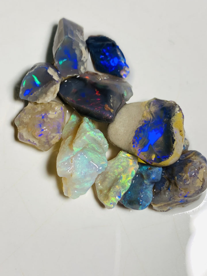 Lightning Ridge Rough Opal Parcel 37cts Black & Semi Black & Crystal High Grade Very Bright Lovely colourful material for cutters 18x8x7mm & 9x6x2mm WST14