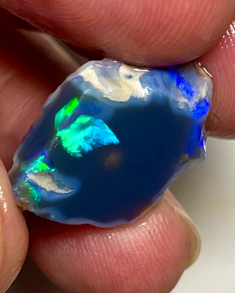 Lightning Ridge Opal Miners Bench® Black Base Seam Rough / Slice / Rub 11.5cts Bright Vibrant Blue Green & Yellow fires 22x15x6mm WAD34