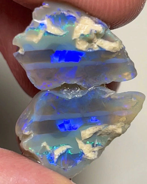 Lightning Ridge Dark Crystal Knobby opal rough split 15.50cts Bright Blue bars to cut 19x15x13 & 15x14x13 mm NSW081