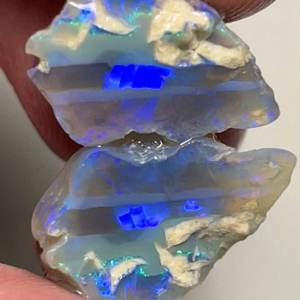 Lightning Ridge Dark Crystal Knobby opal rough split 15.50cts Bright Blue bars to cut 19x15x13 & 15x14x13 mm NSW081