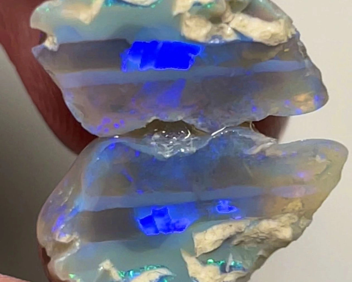 Lightning Ridge Dark Crystal Knobby opal rough split 15.50cts Bright Blue bars to cut 19x15x13 & 15x14x13 mm NSW081