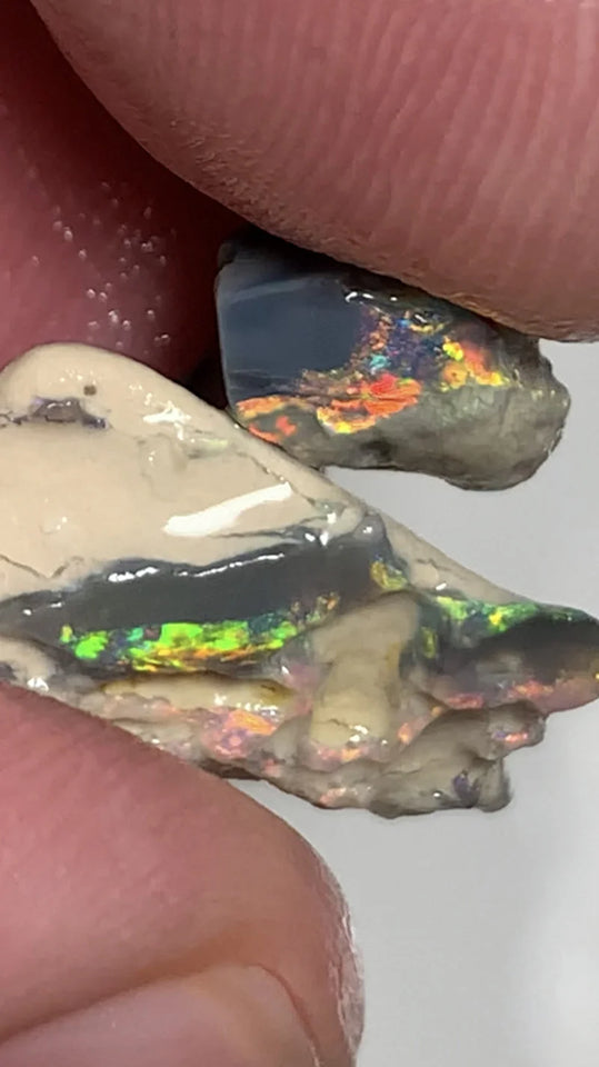 Lightning Ridge Rough Untouched Seam opal Pair 5.85cts Cutters very Bright & Gorgeous Multifires with Reds & oranges 17x8x7mm & 10x8x4mm XMASB10