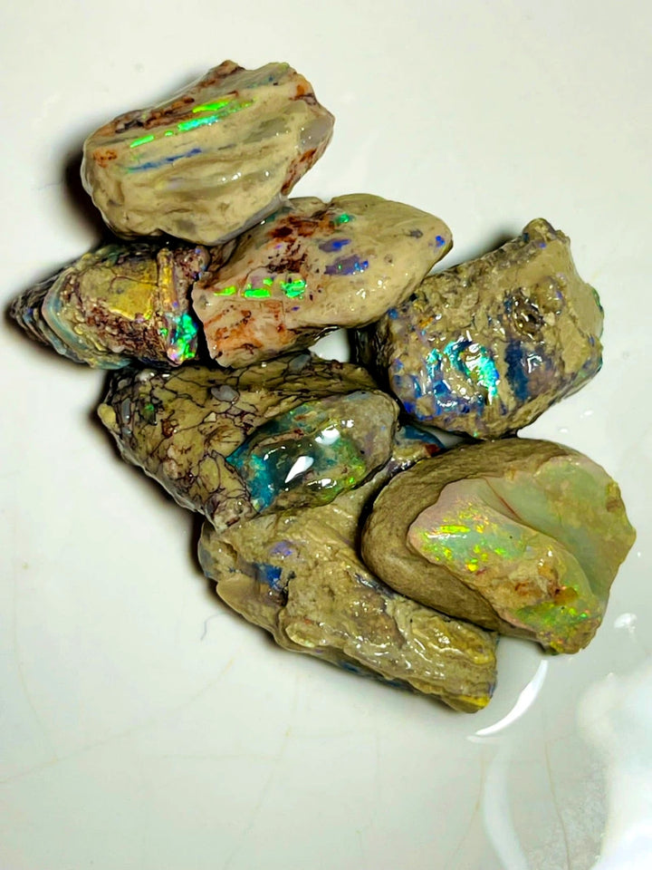 Lightning Ridge Rough Dark Base Bright Multi colour Opal formation Parcel 93cts Lots of Potential & Cutters Lots bright colours & bars 23x20x6mm to 18x13x8mm WAC07