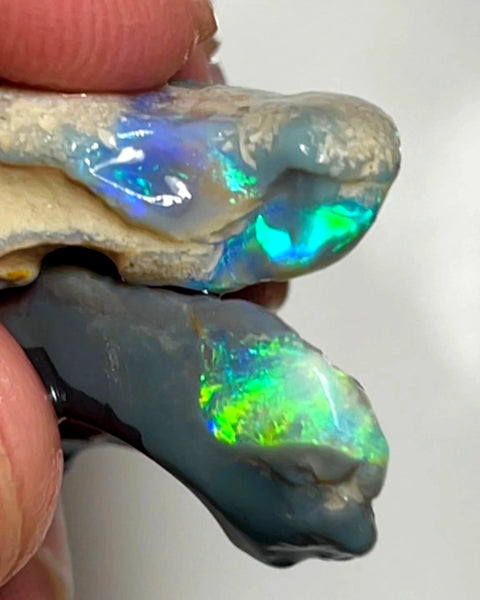 Lightning Ridge 33cts Nice pair of Dark base Crystal Opal formations rough to cut/carve Gorgeous Bright Multicolours 30x14x5 & 27x12x8 mm WAE65