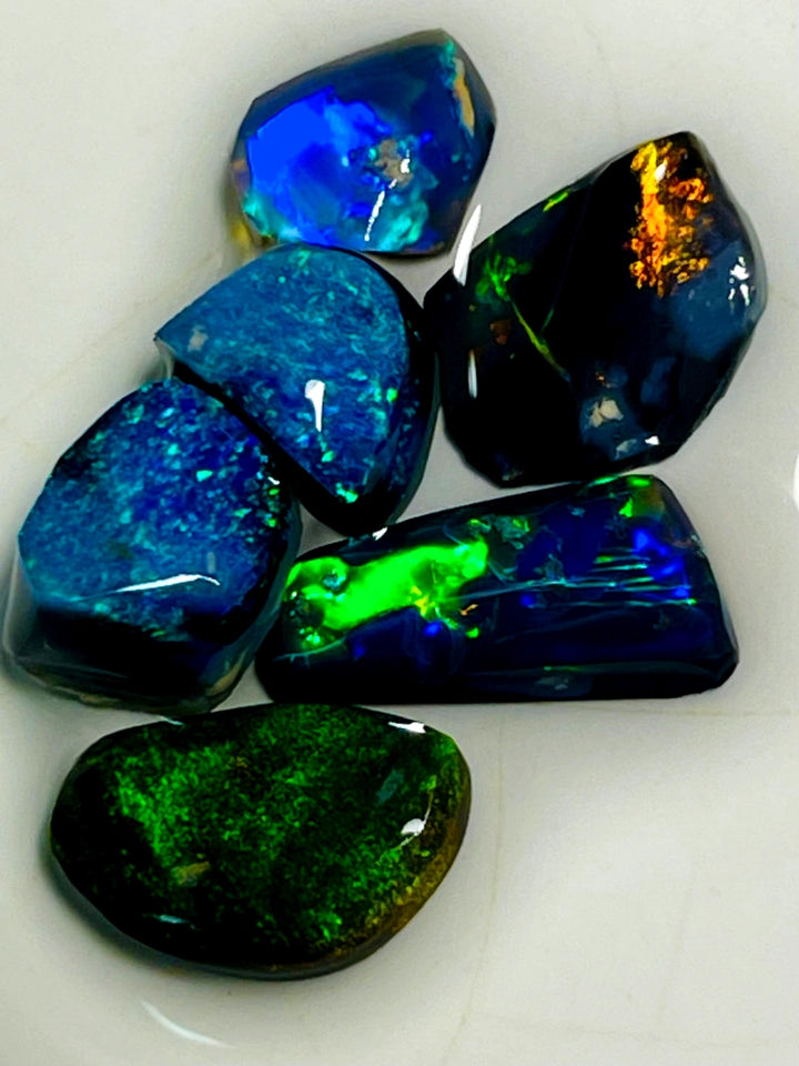 Lightning Ridge Small Opal Rough/Rub/Preforms Parcel Blacks From the Miners Bench® 9.5cts Gorgeous Bright fires 12x7x2.5mm to 8x7x3mm WAC20