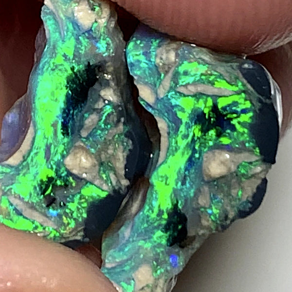 OPAL MONTH SPECIAL Lightning Ridge Rough Opal Black N1 Base Knobby Split 11cts Cutters Candy Exotic High Grade Super Bright Neon Green dominant fires 17x12x7mm & 15x7x7mm WSZ78