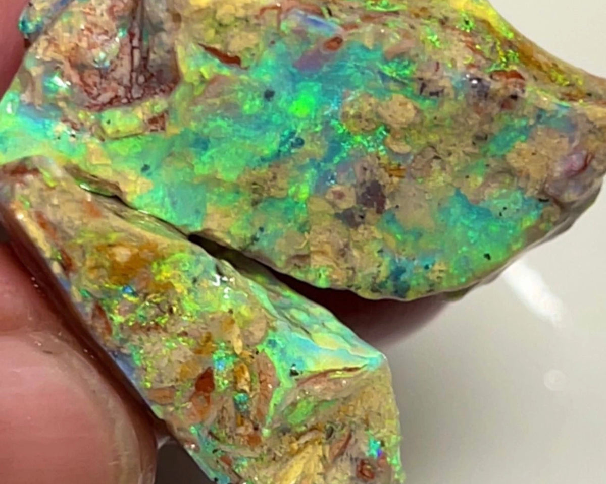 Lightning Ridge Rough Exotic opal formation split pair 35.00cts Stunning & Gorgeous Yellow dominant Multifires showing through out 26x13x7mm & 22x17x7mm NSW046