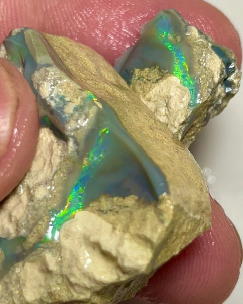 Bling Huge Grawin Dark base Multicolour Seam opal formation split pair 120.00cts Exotic Bright Vibrant Green dominant M.fires Sand/clay host rock Own a piece of Grawin 35x30x17 & 25x17x9 mm NSW040