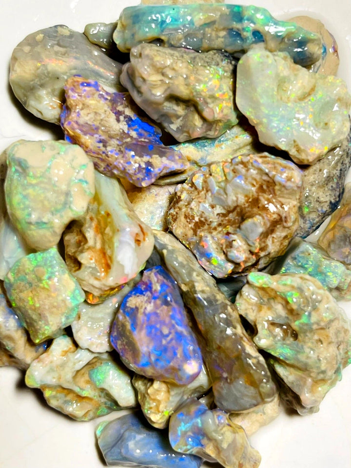 Lightning Ridge Rough  Dark & Crystal Knobby Seams Opal Parcel 120cts Lots of Potential & Cutters Bright Multicolours 24x8x5mm to 10x9x3mm WAC23