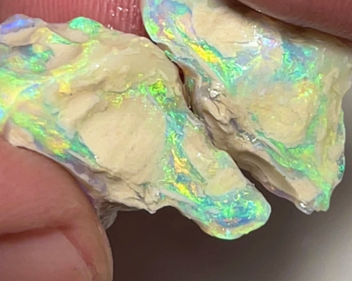 Lightning Ridge Rough Bling Exotic Crystal Seam opal formation Split pair 22.85cts Super Bright Amazing Yellow dominant Sparkling Rainbow of Multifires 25x15x8mm & 15x10x5mm NSW045