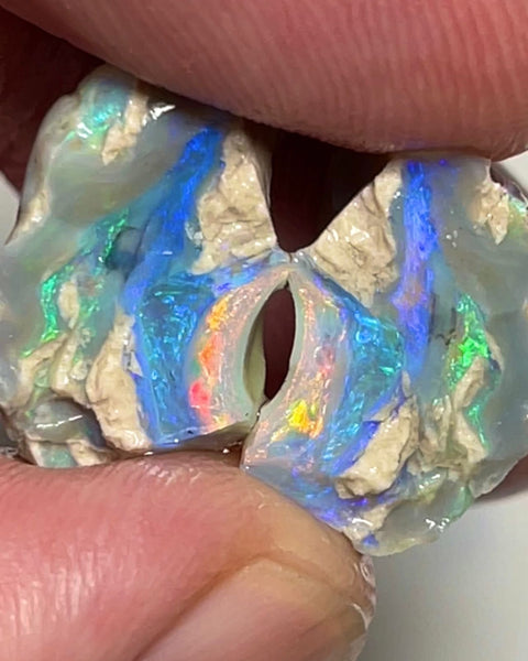 Stunning Lightning Ridge Dark Base Knobby opal rough split 16.95cts Bright Orange/blue/Green Dominant fires to cut & polish 17x10x9 & 16x10x10mm NSW149