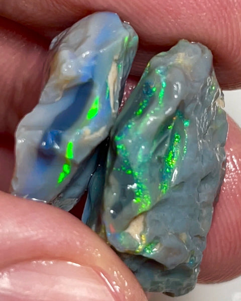 Lightning Ridge Multicolour Black/Dark Knobby pair 32.25cts Highly Visible bars Bright Yellow/Green Dominant M.Fires to cut 24x17x10 & 23x18x6mm NEW966