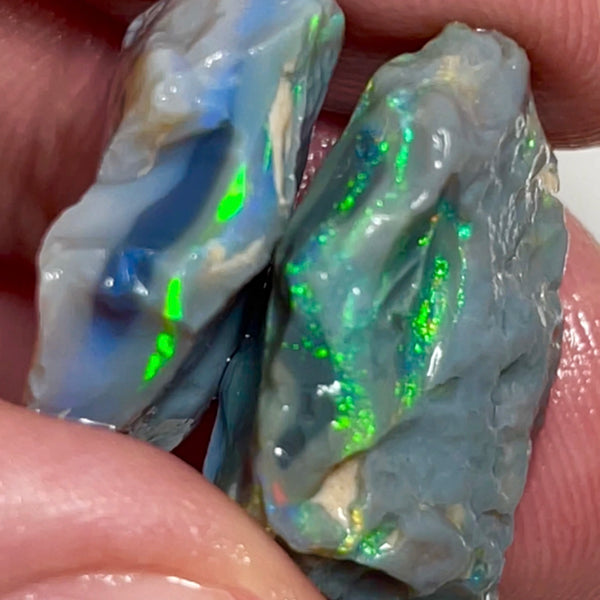 Lightning Ridge Multicolour Black/Dark Knobby pair 32.25cts Highly Visible bars Bright Yellow/Green Dominant M.Fires to cut 24x17x10 & 23x18x6mm NEW966