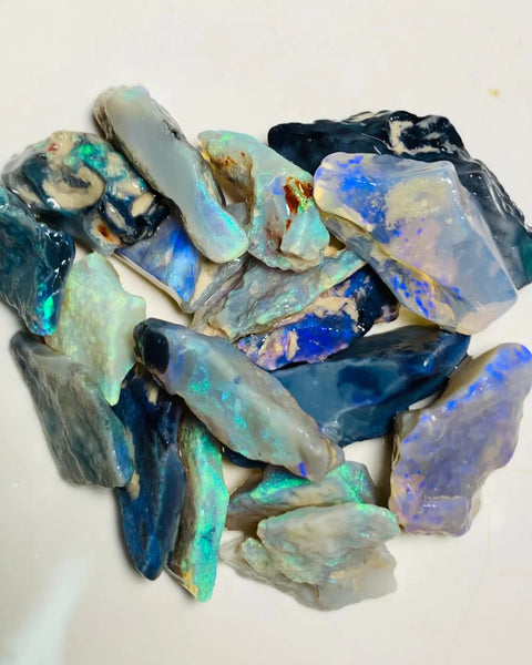 OPAL MONTH SPECIAL Lightning Ridge Rough Dark Seams Opal Parcel 80cts Lots of Potential & Cutters Lots Bright colours & bars 25x10x7mm to 13x8x4mm WSY89