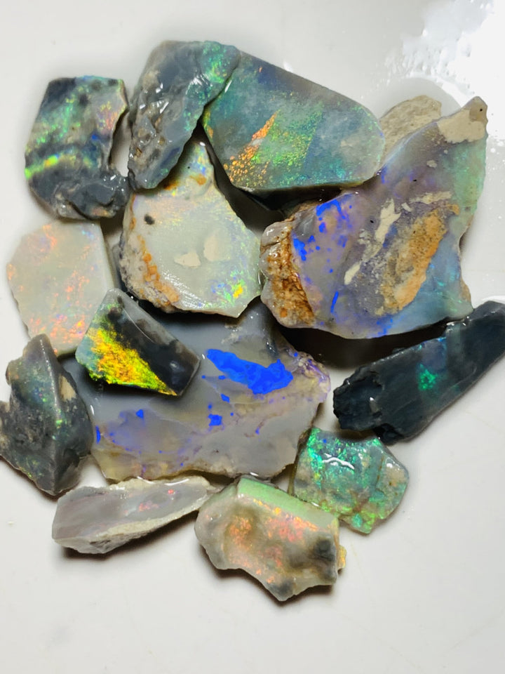 Lightning Ridge Opal Rub n rough Parcel Black & Semi Black  parcel from the Miners Bench® 64cts Stunning Bright Multifires to faces 27x22x3mm to 10x8x4mm WST85