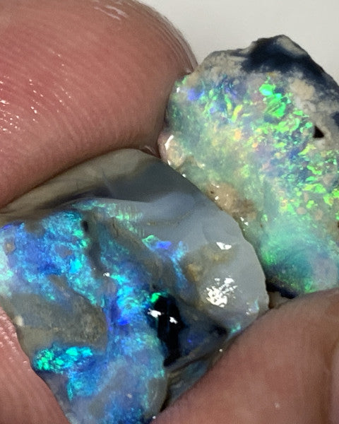 Rough Mulga® Semi Black Opal Seam pair 17cts Exotic & Stunning Cutters Gorgeous Bright Multifires & Bright bars 18x13x8mm & 18x15x4mm WSS15