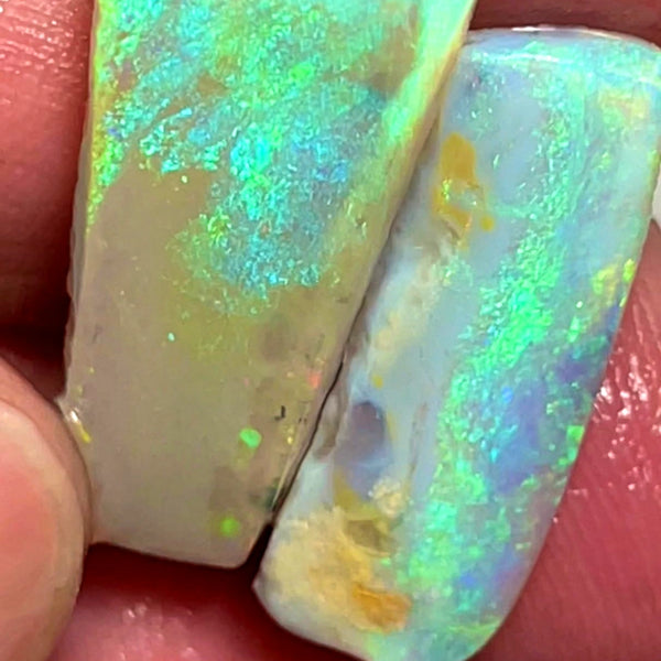 Lightning Ridge Dark Crystal Opal Big Pair of Rough Rub 15.75cts Sharp Bright Green Dominant fires 24x12x3mm & 24x8x2mm 1019