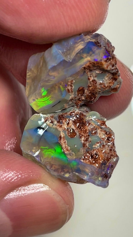 Crystal opal formation split 24.50cts L/Ridge Green dominant fires 18x15x10 & 18x14x9 mm NSW052