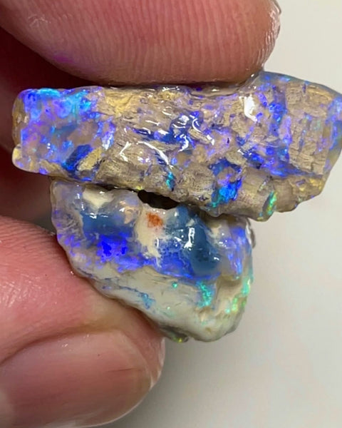 Lightning Ridge 25.75cts Rough Opal Crystal Knobby formations with Blue dominant Multi tones of fires 19x17x9 & 24x10x10mm NSW147