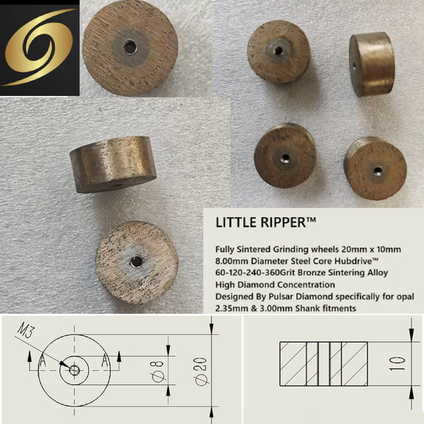 New for 2025 PULSAR DIAMOND® Fully Sintered Grinding wheels 20mm x 10mm 360 Grit Bronze High Diamond Concentration Designed for opal LITTLE RIPPER™ Hubdrive™ M3 Screw on Grinding/Burr wheels Lapidary rotary tools carving 2.35mm or 3.00mm shanks