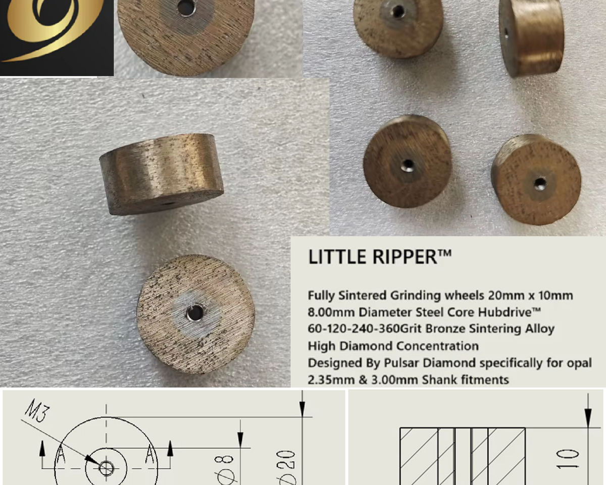 New for 2025 PULSAR DIAMOND® Fully Sintered Grinding wheels 20mm x 10mm 360 Grit Bronze High Diamond Concentration Designed for opal LITTLE RIPPER™ Hubdrive™ M3 Screw on Grinding/Burr wheels Lapidary rotary tools carving 2.35mm or 3.00mm shanks