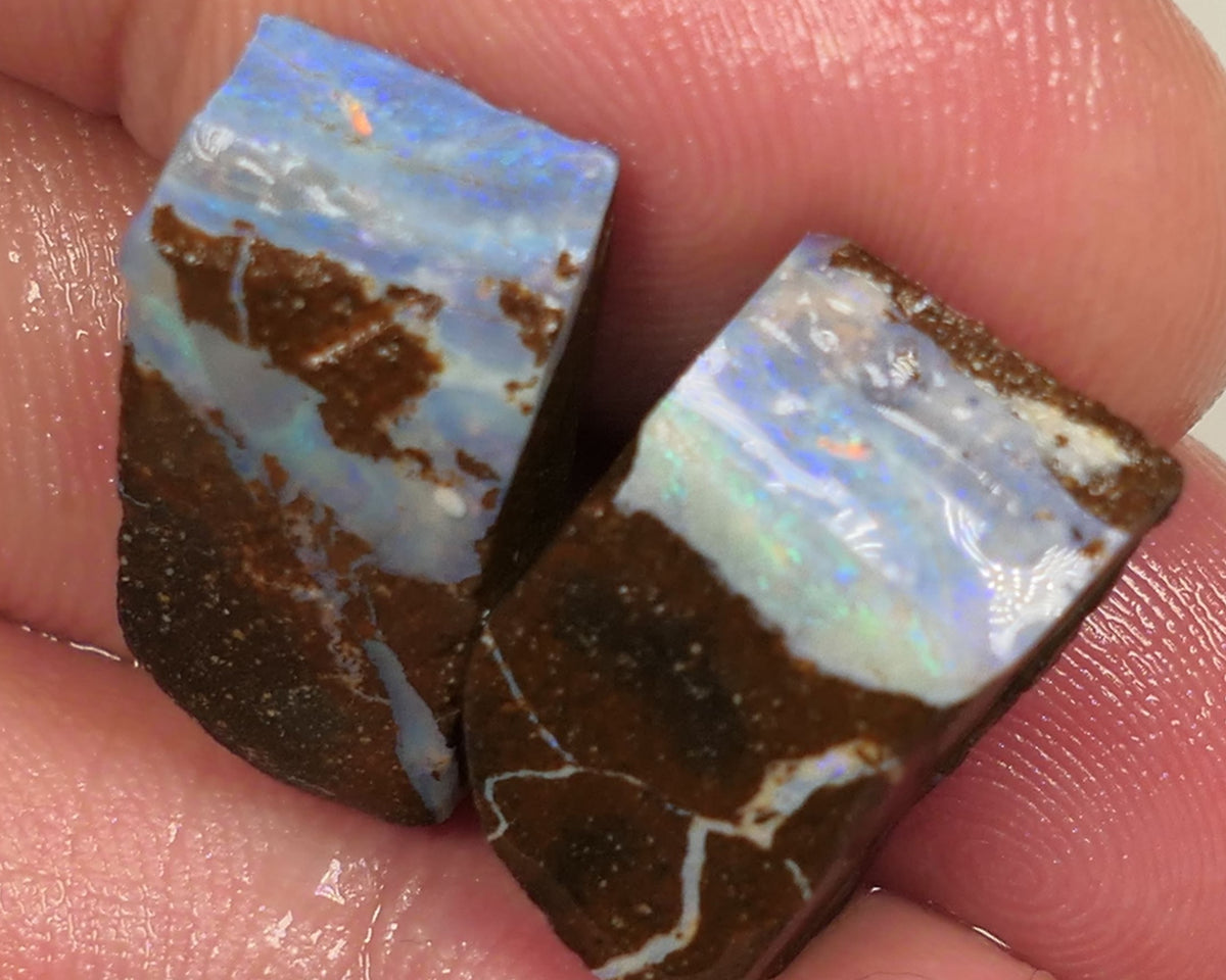 Queensland Boulder opal 22cts rough / slice / rubs Perfect for ring stones Koroit nice fires both approx 17x12x6mm 0440