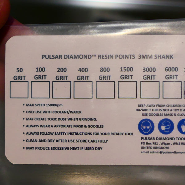 PULSAR™ DIAMOND RESIN POINTS MK2'S COLOUR CODED LAPIDARY BURRS FOR DREMEL & ROTARY TOOLS 3MM SHAFT POLISH SET 4x 10,000 GRITS nova