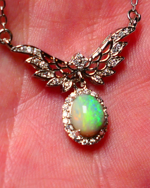 Miners Bench® Stunning N6 Dark Base Opal Bright Gorgeous Multifires 8mm x  6mm Oval 0.9cts in Sterling Silver 925 Necklace setting with Cubic Zirconia FN17