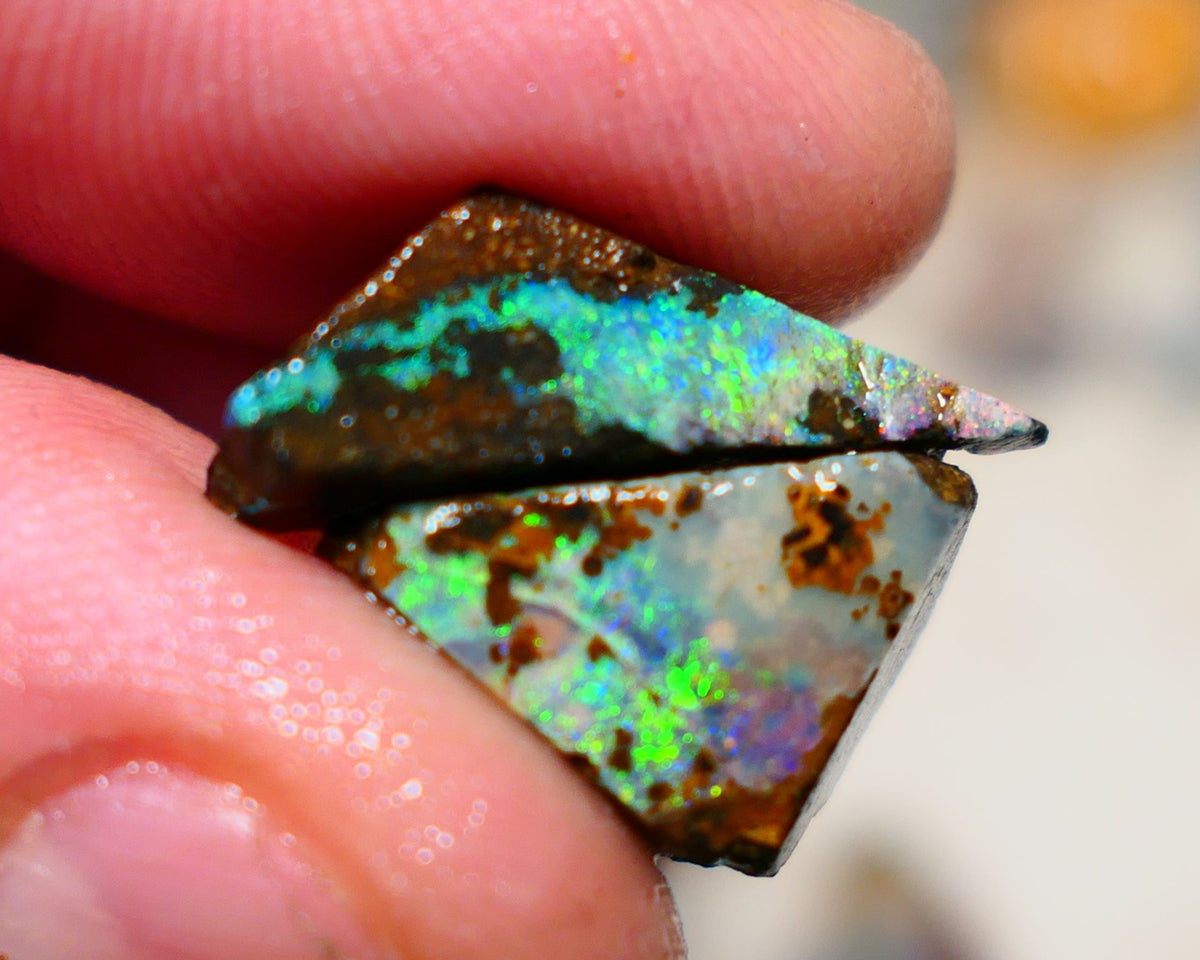 Queensland Boulder opal Stunning pair 17cts rough rubs Winton gorgeous faces with Bright Multifires 22x8x8mm & 17x10x7mm BO-005