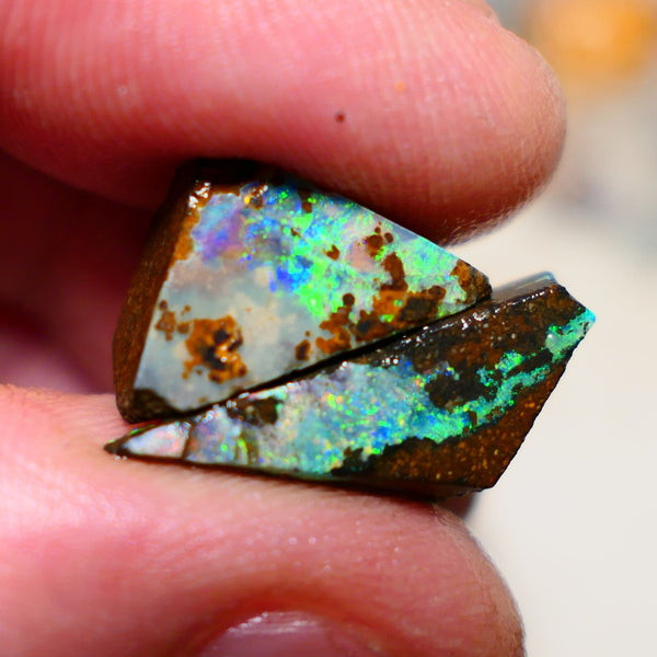 Queensland Boulder opal Stunning pair 17cts rough rubs Winton gorgeous faces with Bright Multifires 22x8x8mm & 17x10x7mm BO-005