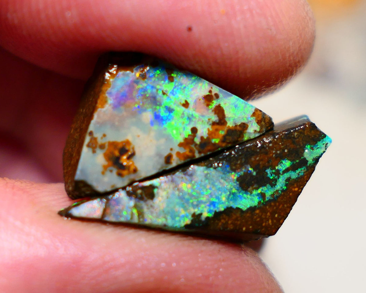 Queensland Boulder opal Stunning pair 17cts rough rubs Winton gorgeous faces with Bright Multifires 22x8x8mm & 17x10x7mm BO-005