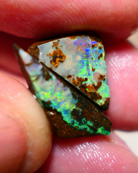 Queensland Boulder opal Stunning pair 17cts rough rubs Winton gorgeous faces with Bright Multifires 22x8x8mm & 17x10x7mm BO-005