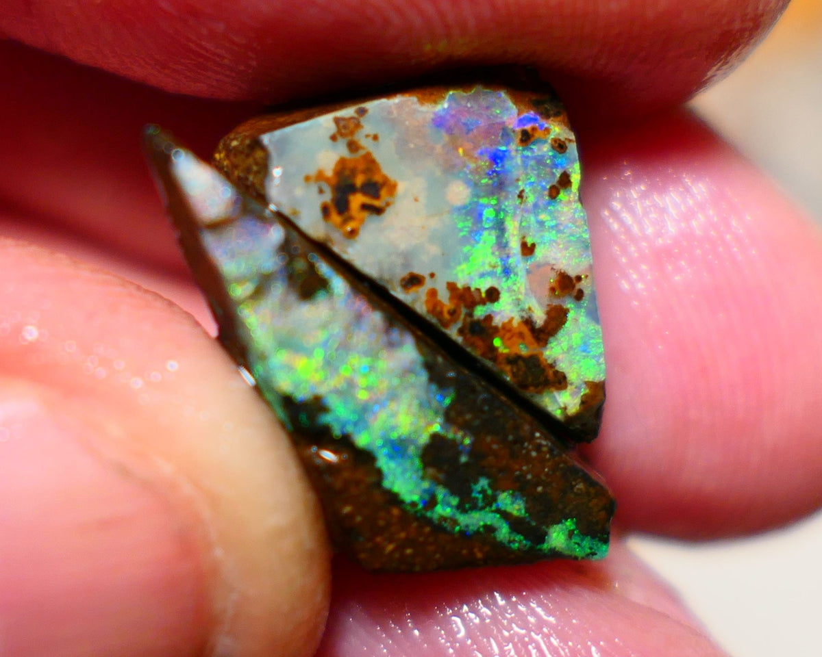 Queensland Boulder opal Stunning pair 17cts rough rubs Winton gorgeous faces with Bright Multifires 22x8x8mm & 17x10x7mm BO-005