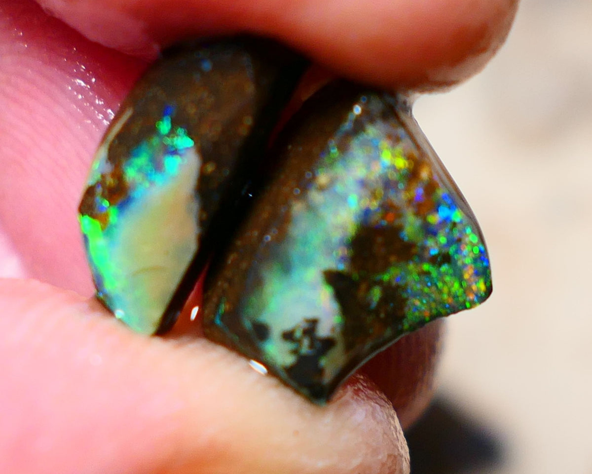 Queensland Boulder opal small pair 7.7cts rough rubs Winton gorgeous faces with Bright Multifires 14x6x4mm & 11x9x5mm BO-003