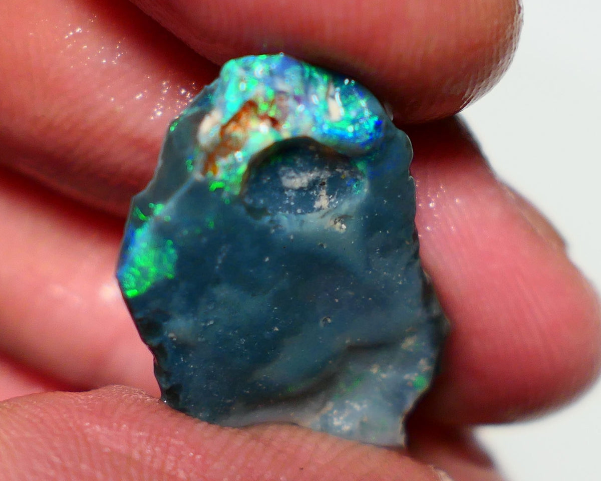 Lightning Ridge Black Rough Opal 10cts Gamble showing some Bright Green & blue fires 24x15x4mm 1330