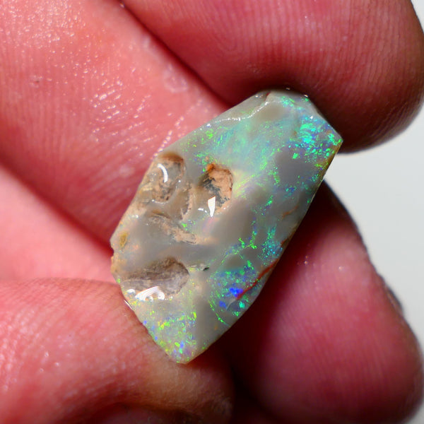 Lightning Ridge Rough Rub Opal 5.75cts Dark Seam showing areas of nice Bright Multifires 21x12x4mm 1311