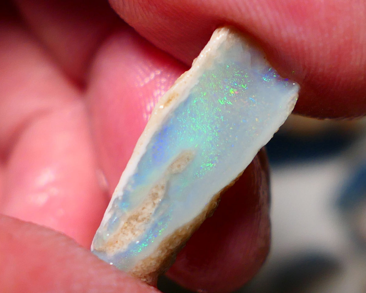 Lightning Ridge Rough Opal 9.75cts Dark Crystal Seam showing nice multicolours in flat thick bar 24x9x8mm 1328