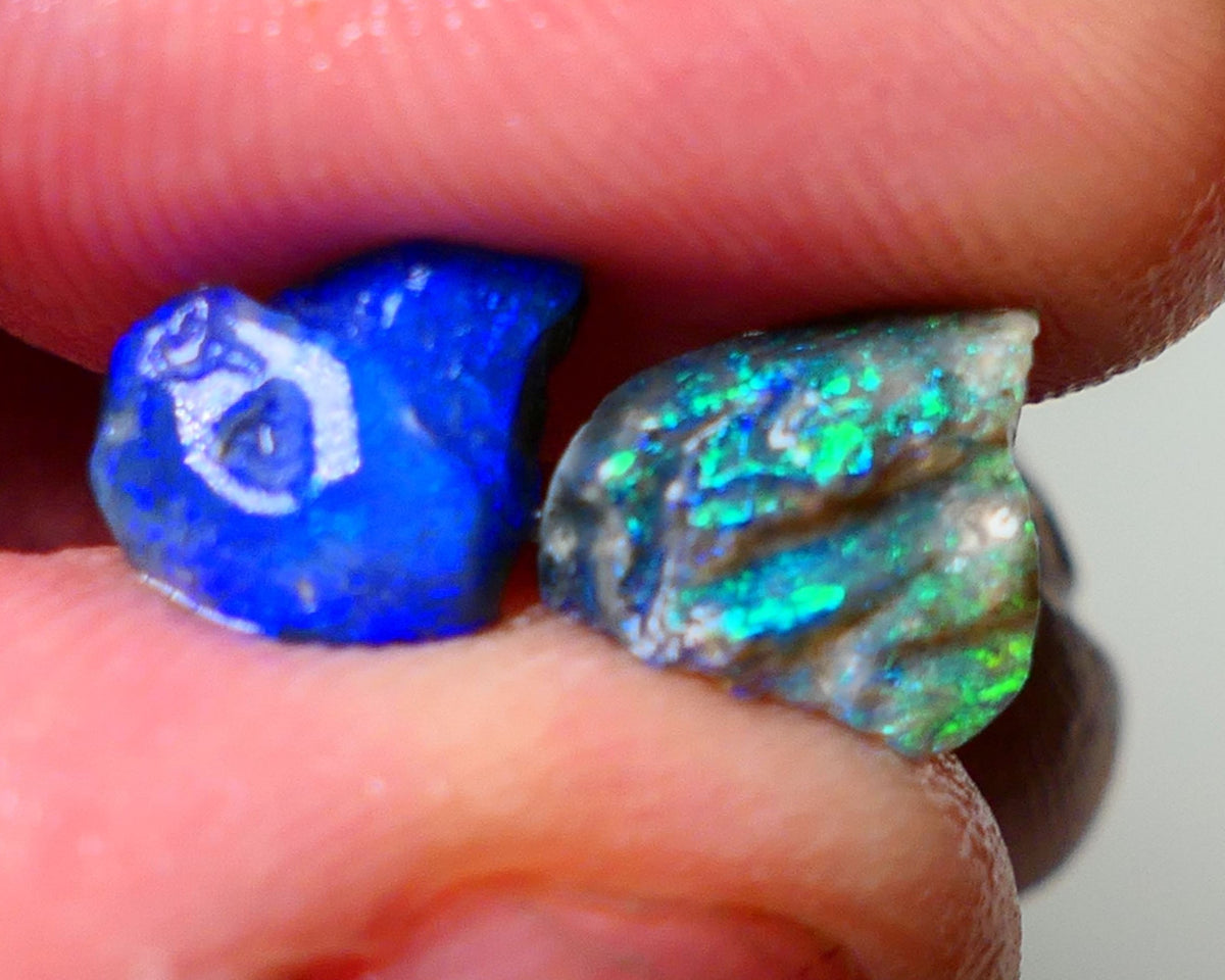 Lightning Ridge Rough Opal 3.00cts Tiny Black & Dark base opals showing nice Bright Fires 9x8x3mm & 10x7x4mm A1535