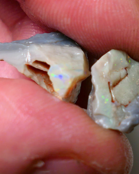 Lightning Ridge Rough Opal pair 14cts Gamble Dark Base Seam some Multifires showing 17x13x9mm & 17x15x5mm NS006