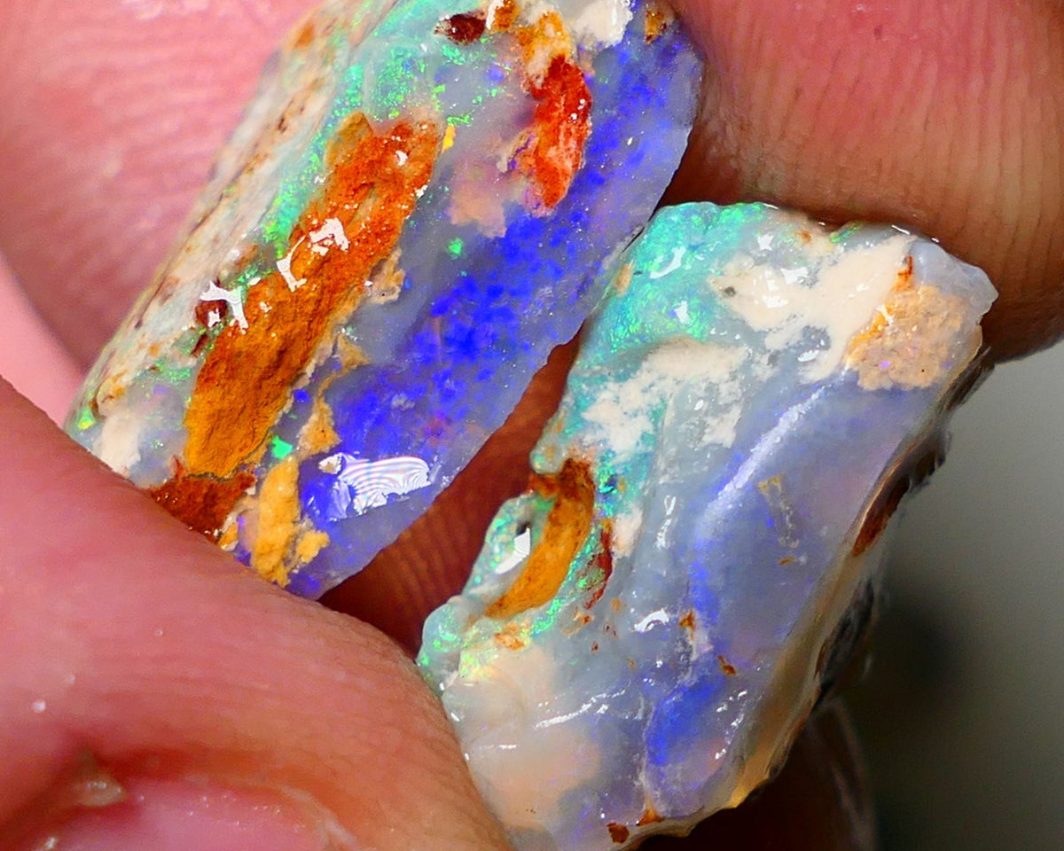 Lightning Ridge 18cts Bright & gorgeous Dark base Crystal Knobby/Opalised fossil Split rough to cut/carve Vibrant Blues and Multicolours 22x13x7mm & 18x10x9mm NSW001