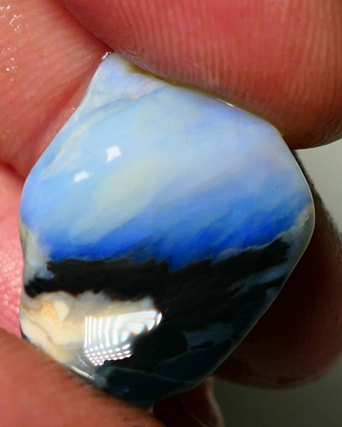 Lightning Ridge Rough Opal 27cts Lots blues in crystal sat on Black base Gamble Seam Chunk 24x18x15mm NS054